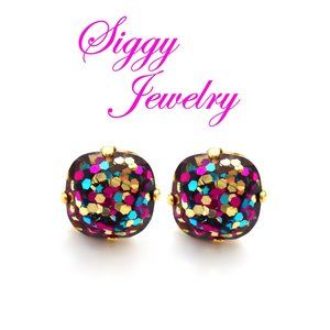 Rainbow Glitter Confetti Earrings, Square Studs